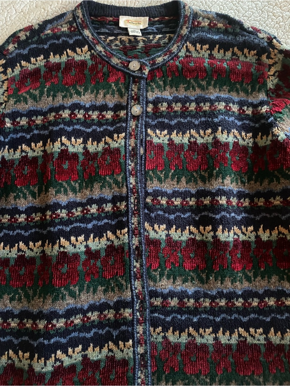 Vintage Talbots Multicolor Patterned Button Cardigan - Navy, Green, Red - Picture 3 of 7
